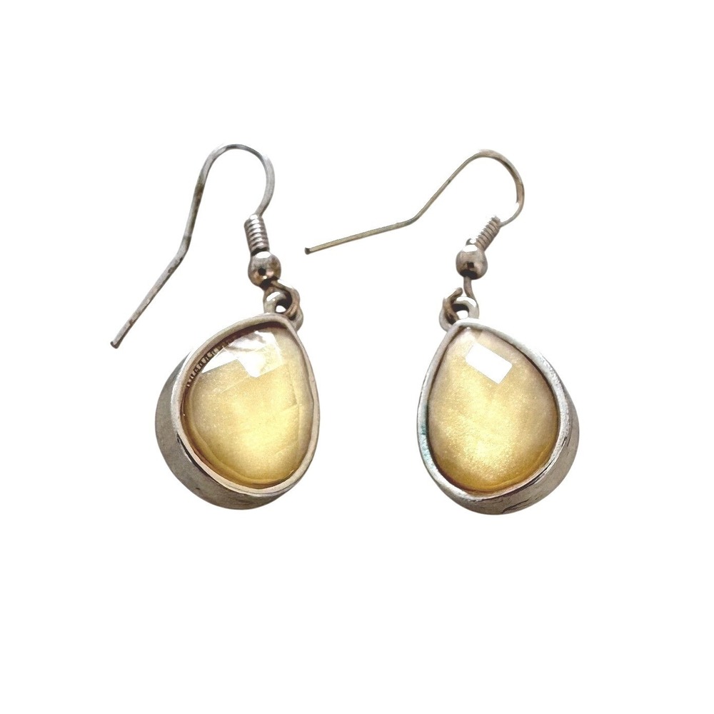 Vintage Romantic Silver Tone Faceted Yellow Gemstone Teardrop Dangle Earrings